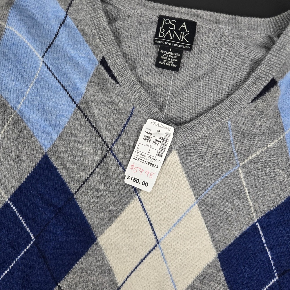 Jos. A. Bank Executive Collection Argyle V-Neck Lambswool Sweater Grey Navy L